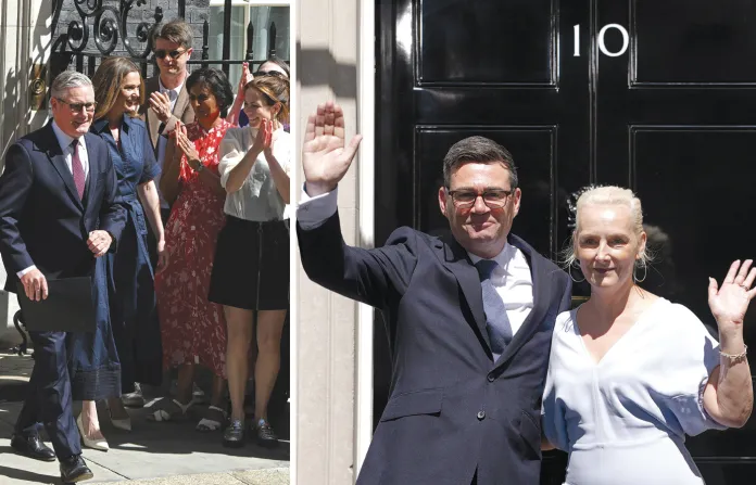 Left: Outgoing British Prime Minister Keir Starmer and wife, Victoria Starmer, leave 10 Downing Street in London on July 20; Right: New British Prime Minister Andy Burnham and his wife, Marie-France van Heel, wave as they arrive at 10 Downing Street in London on July 20. (Kirsty Wigglesworth/AP)
