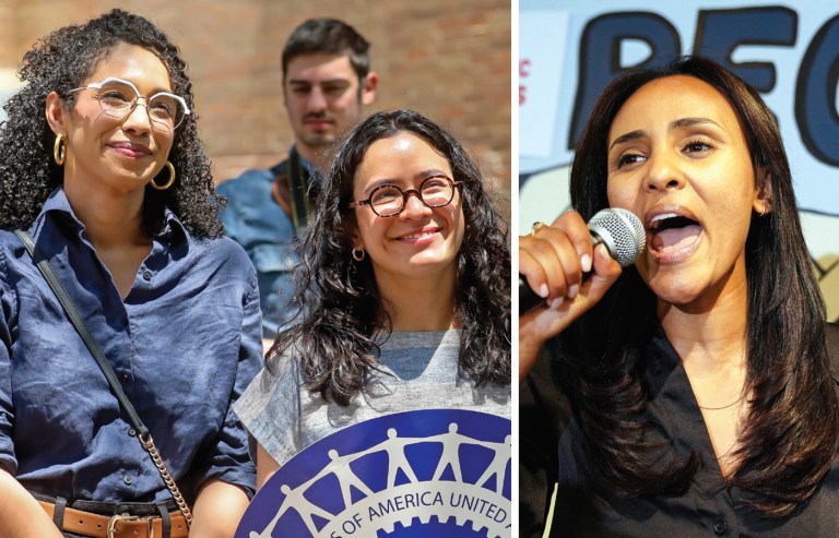At left, Democratic Socialists Darializa Avila Chevalier (in blue) and New York state Assemblywoman Claire Valdez following their victories in Democratic congressional primaries in New York, June 30, 2026; at right, Democratic congressional candidate Melat Kiros at an primary-night victory party in Denver, June 30, 2026. (from left: Michael Nagle/Bloomberg/Getty; Rebecca Slezak/AP)