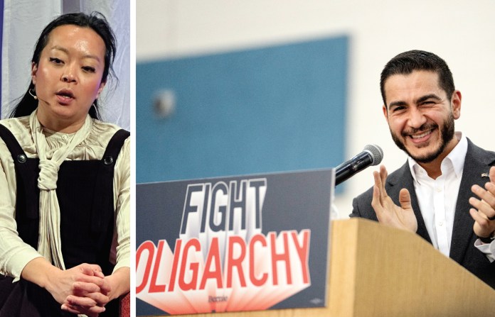 At left, Wisconsin Assemblywoman Francesca Hong, a Democratic candidate for governor, campaigning in Madison, Nov. 6, 2025; at right, Abdul El-Sayed, a candidate for the Democratic Senate nomination in Michigan, speaks in Detroit, May 3, 2026. (From left: Scott Bauer/AP; Sarah Rice/Getty)