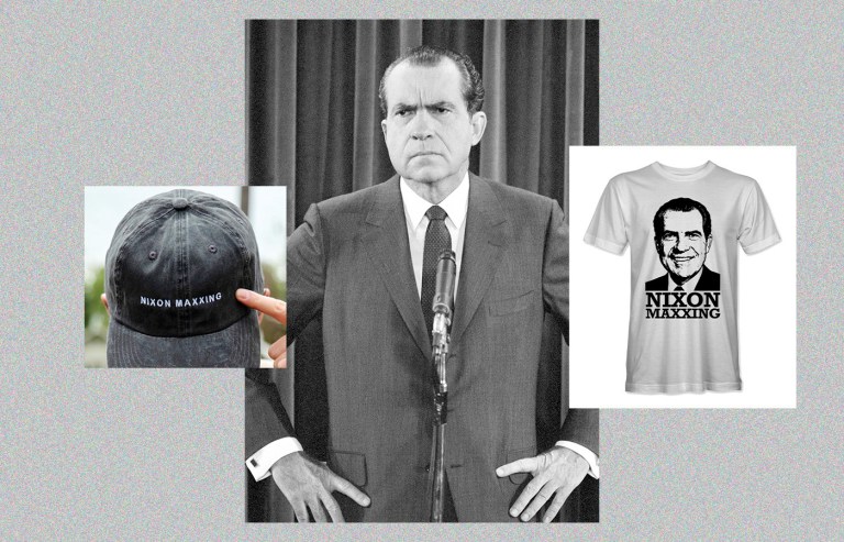 Left: cap sold at the web site of Richard Nixon’s presidential library; Right: A T-shirt for sale by podcaster Alex Jones; Center: President Richard Nixon during a White House news conference in which he defended sending U.S. troops to Cambodia, May 8, 1970. (thealexjonesstore.com; Richard Nixon Presidential Library and Museum; Associated Press)