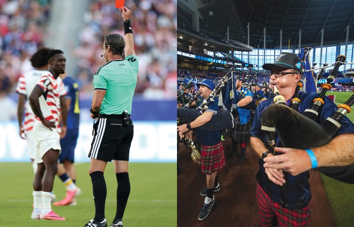 Left: Referee Raphael Claus shows Folarin Balogun of the United States a red card for a foul on Tarik Muharemovic of Bosnia and Herzegovina during the FIFA World Cup 2026 Round of 32 match on July 1, 2026, in Santa Clara, California; Right: Members of the Tartan Army lead the march around the ballpark prior to the baseball game between the Miami Marlins and the Texas Rangers in Miami on June 22. (Charlotte Wilson/Getty Images; Jasen Vinlove/Miami Marlins/Getty Images)