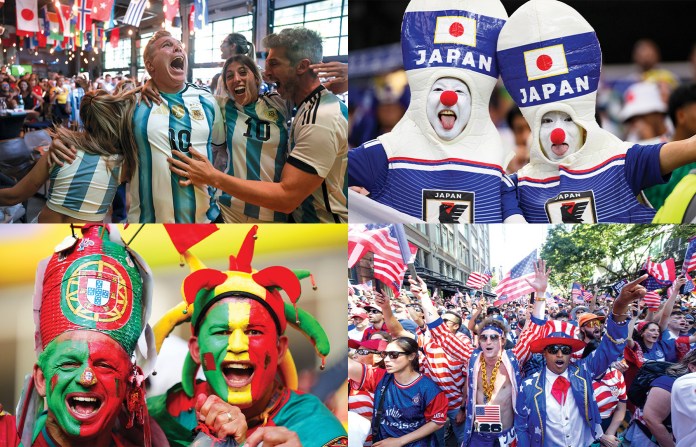 From top left: Argentine fans react as their team scores against Egypt during a World Cup match watch party at on July 7 in Miami; Japan supporters have fun prior to the FIFA World Cup 2026 Group F match between Japan and Sweden on June 25, 2026; Fans support their team prior the World Cup match between Colombia and Portugal in Miami on June 27, 2026; U.S. fans march through Pioneer Square before the 2026 World Cup round of 16 match between USA and Belgium in Seattle on July 6, 2026. (Photos via Getty Images)