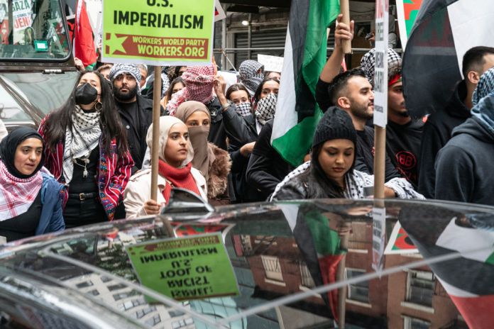 Anti-Israel protesters, including members of the communist Workers World Party and Democratic Socialists of America, march on October 9, 2023 in New York City. (Lev Radin/Pacific Press/LightRocket via Getty Images)