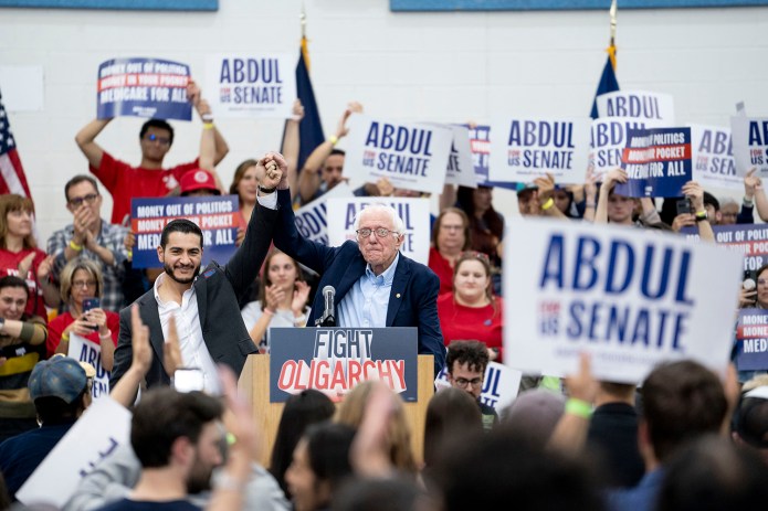 Sen. Bernie Sanders (I-VT) stands with Senate candidate Abdul El-Sayed after speaking at Mumford High School on May 3, 2026 in Detroit, Michigan. Sanders is visiting the mid-west on his 'Fighting Oligarchy: Where We Go From Here' tour. (Photo by Sarah Rice/Getty Images)