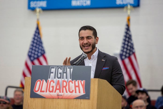 Detroit, Michigan, Senator Bernie Sanders held a rally at a Detroit high school as part of his 'Fighting Oligarchy' campaign. His guests included U.S. Senate candidate Dr. Abdul El-Sayed. (Photo by: Jim West/UCG/Universal Images Group via Getty Images)