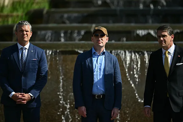 (L/R) US Secretary of Defense Pete Hegseth, White House Deputy Chief of Staff Stephen Miller, and Acting Attorney General Todd Blanche attend a