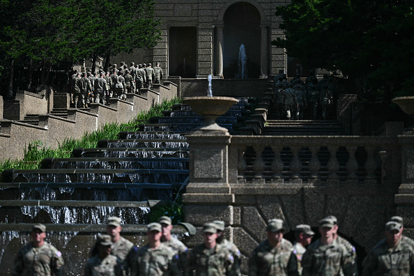 Members of the National Guard attend a "DC Safe and Beautiful Task Force" ceremony hosted by US Secretary of Defense Pete Hegseth at Meridian Hill Park in Washington, DC, on July 2, 2026.