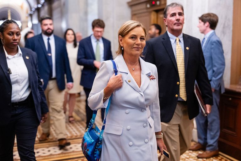 U.S. Sen. Darline Graham Nordone (R-SC), center, departs with staff and Capitol Police after being sworn in at the U.S. Capitol on July 14, 2026 in Washington, D.C. Nordone was appointed by South Carolina Gov. Henry McMaster following the death of her brother, U.S. Sen. Lindsey Graham. (Eric Lee/Getty Images)