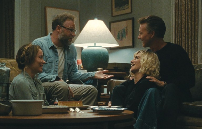 Olivia Wilde, Seth Rogen, Penelope Cruz, and Edward Norton in "The Invite." (Courtesy of A24)
