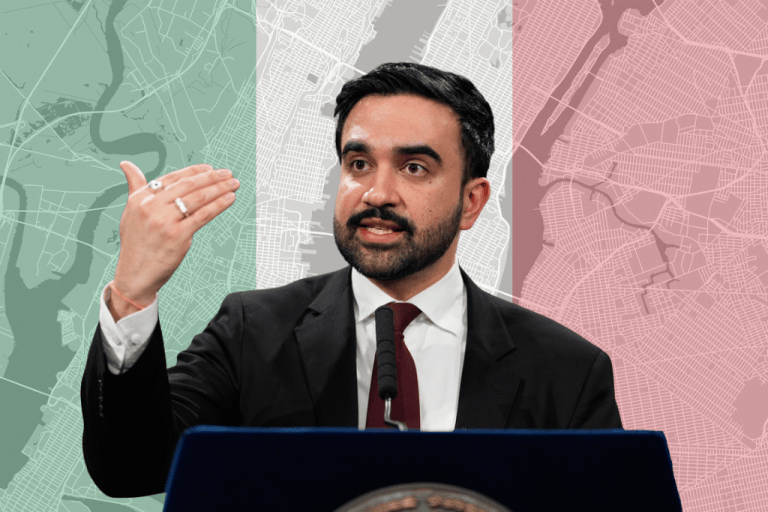 Graphic featuring NYC Mayor Zohran Mamdani speaking in front of a map of NYC and an Italian flag in the background. (Graphic by Christine Valora/Washington Examiner; photos by AP)