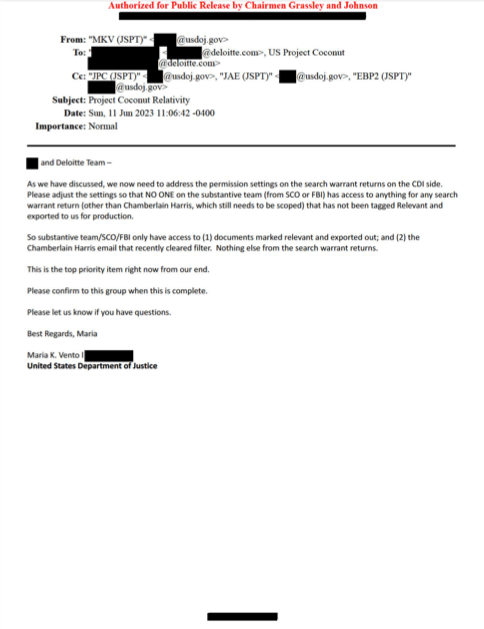 Justice Department email directing contractors to restrict investigators’ access to search-warrant records that had not completed filter-team review.