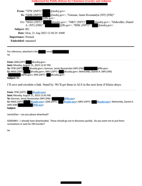 Email chain showing senior prosecutor Thomas Windom telling colleagues that he had already downloaded the National Archives’ White House text-message production.