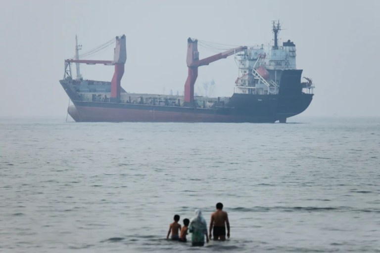 A group of people stand in shallow water as a cargo ship appears anchored in the Strait of Hormuz.