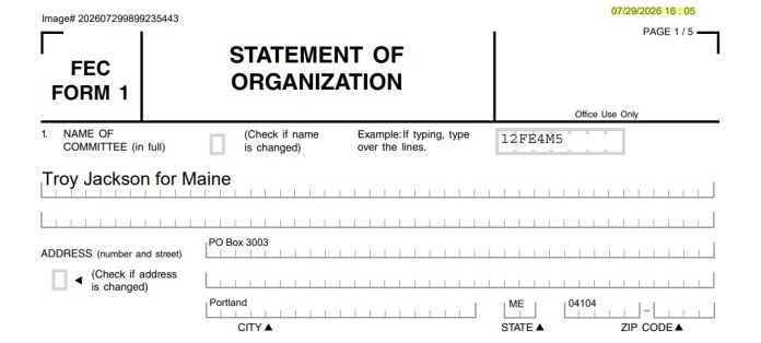 Troy Jackson’s Senate fundraising committee filed a change-of-leadership form, dated July 29, 2026. (Federal Election Commission)