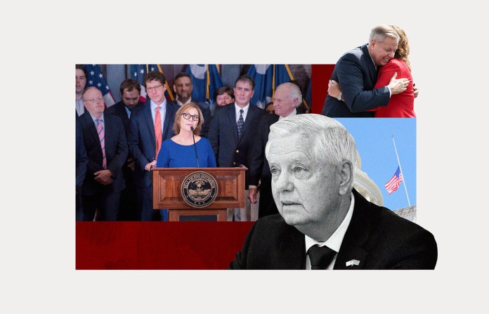 Sen. Darline Graham Nordone (R-SC) was appointed to finish the term of her late brother, Sen. Lindsey Graham (R-SC). She is not expected to seek election after the remaining Senate term. (Examiner illustration; Associated Press photos; Getty Images)