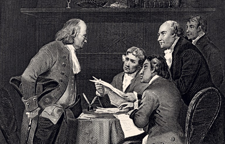 This 19th-century engraving depicts the famous meeting of the Committee of Five in June 1776. On the left, Benjamin Franklin (standing, with powdered wig, spectacles and cane) addresses the group. In the centre, Thomas Jefferson holds the draft of the Declaration of Independence, surrounded by John Adams, Roger Sherman and Robert R. Livingston. (Getty Images)