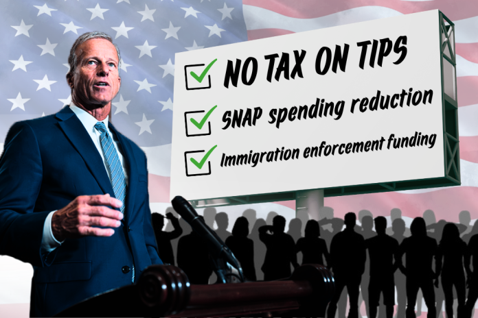 Collage of Senate Majority Leader John Thune (R-SD) in front of a billboard touting the One Big Beautiful Bill Act