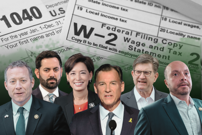 From left: House SALT Caucus members Josh Gottheimer (D-NJ), Mike Lawler (R-NY), Young Kim (R-CA), Tom Suozzi (D-NY), Brad Schneider (D-IL), and Andrew Garbarino (D-NY).