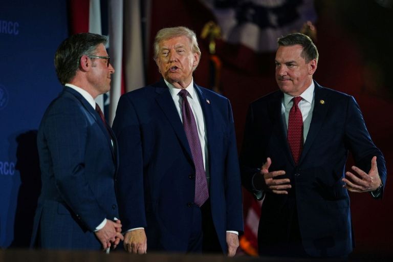 President Donald Trump talks with House Speaker Mike Johnson (R-LA), and Rep. Richard Hudson (R-NC).