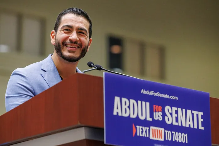 U.S. Senate candidate Abdul El-Sayed speaks at a rally in Lansing, Mich., on July 19, 2026. (Andrew Roth/ZUMA Press Wire via Newscom)
