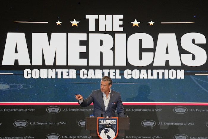 U.S. Defense Secretary Pete Hegseth speaks at a forum of The Americas Counter Cartel Coalition in Panama City, Wednesday, Aug. 12, 2026. (AP Photo/Matias Delacroix)
