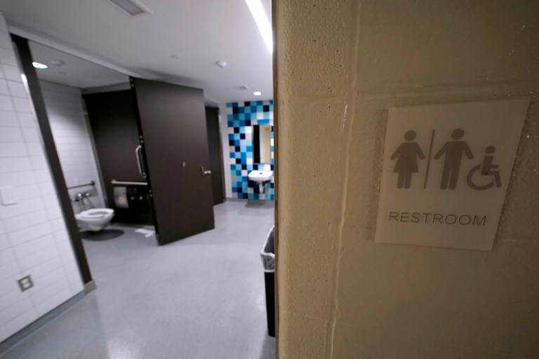 A newly-constructed gender neutral bathroom is seen at Shawnee Mission East High School, Friday, June 16, 2023, in Prairie Village, Kan. (AP Photo/Charlie Riedel)
