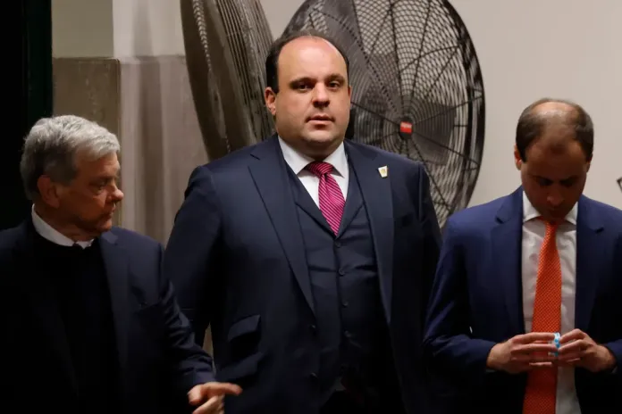 Boris Epshteyn, adviser to former President Donald Trump, returns to the courtroom after a break in Trump's trial at Manhattan Criminal Court, May 20, 2024, in New York. (Michael M. Santiago/Pool Photo via AP)