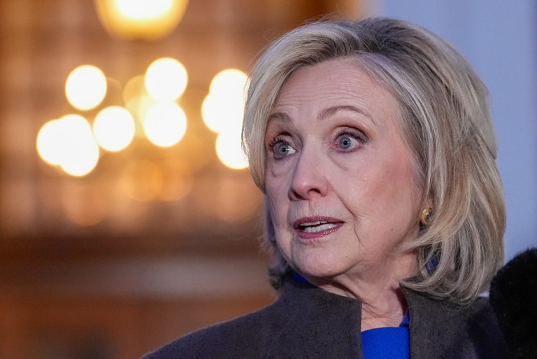 Former Secretary of State Hillary Clinton speaks outside the Chappaqua Performing Arts Center, after testifying before U.S. House lawmakers as part of a congressional investigation into convicted sex offender Jeffrey Epstein.