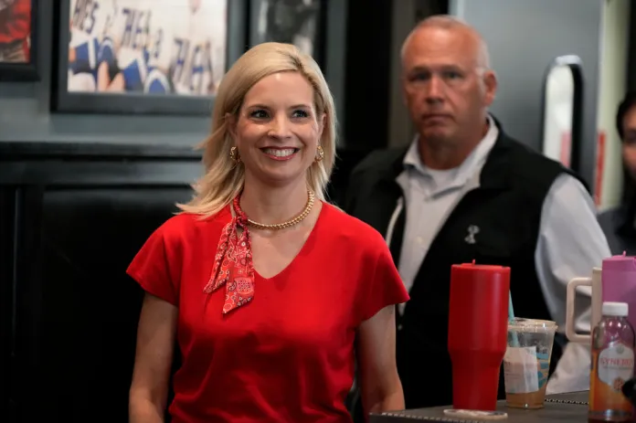 Rep. Ashley Hinson, R-Iowa, arrives at a campaign rally with local residents, Saturday, May 30, 2026, in West Des Moines, Iowa.