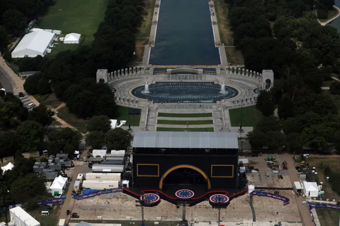 The Lincoln Memorial and the Reflecting Pool are seen from the Washington Monument