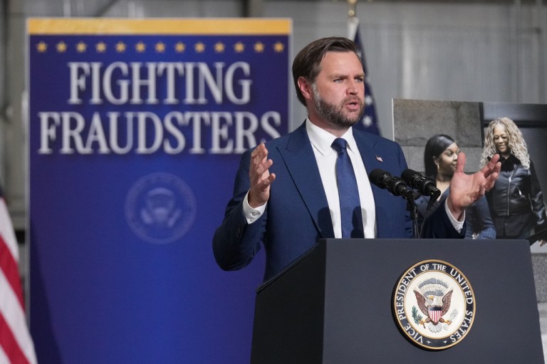 Vice President JD Vance speaks about efforts to combat fraud during an event at the Wisconsin Air National Guard facility at Milwaukee Mitchell International Airport.