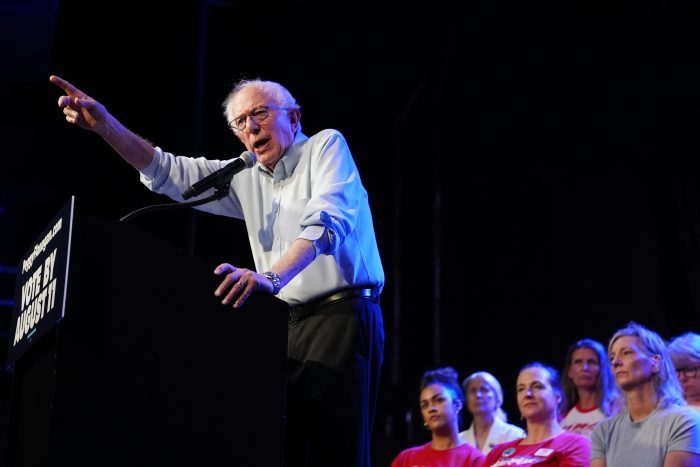 Sen. Bernie Sanders, I-Vt., speaks during a campaign rally for Minnesota Lt. Gov. Peggy Flanagan, a Democratic candidate for U.S. Senate, Monday, July 20, 2026, in Minneapolis. (AP Photo/Ellen Schmidt)