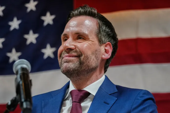 Iowa state Rep. Josh Turek speaks during a primary election night watch party after winning the Democratic nomination for U.S. Senate, June 2, 2026, in Des Moines, Iowa.
