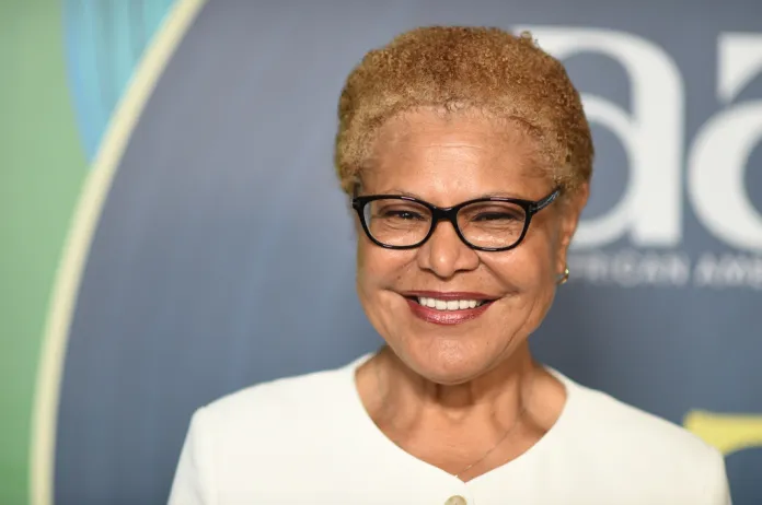 Karen Bass arrives at the African American Film Critics Association's 8th annual TV Honors awards on Saturday, Aug. 8, 2026, at the City Club LA in Los Angeles.