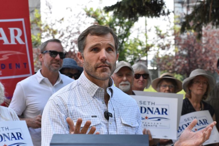 Seth Bodnar, an independent candidate for a U.S. Senate seat in Montana, speaks to supporters and the press outside the Yellowstone County Courthouse, Aug. 7, 2026, in Billings, Montana. (AP Photo/Matthew Brown)