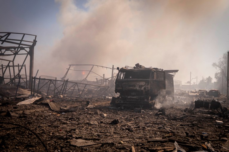 A view of the destruction after a Russian attack struck a warehouse in Ukraine.