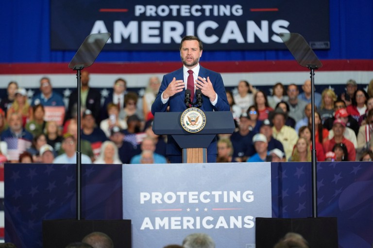 Vice President JD Vance speaks at Universal Contracting and Urban Tree Trimming, Monday, Aug. 31, 2026, in Sterling Heights, Mich.