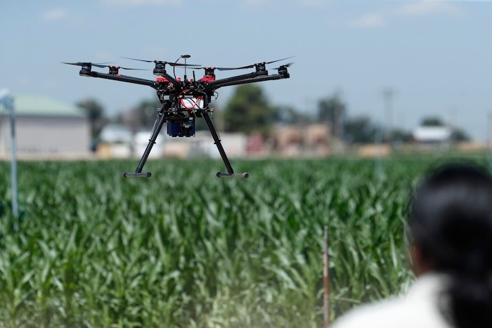 Someone guides a drone into the air at a research farm northeast of Greeley, Colo. Researchers are using drones carrying imaging cameras over the grassy fields like the one pictured here. The grass is likely a part of a farm for the Agriculture Department's efforts to produce crops efficiently. (AP Photo/David Zalubowski)