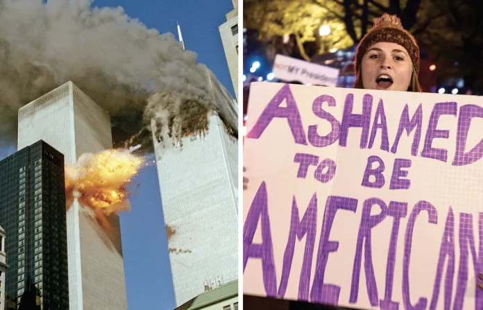 Left, smoke pours from New York’s World Trade Center north tower, at right, while flames explode from the south tower after it is struck by American Airlines Flight 175, Sept. 11, 2001; right, a protester in Washington, D.C., unhappy with election results, Nov. 12, 2016. (Left, Chao Soi Cheong/AP; right, Riccardo Savi/Sipa USA/Newscom)