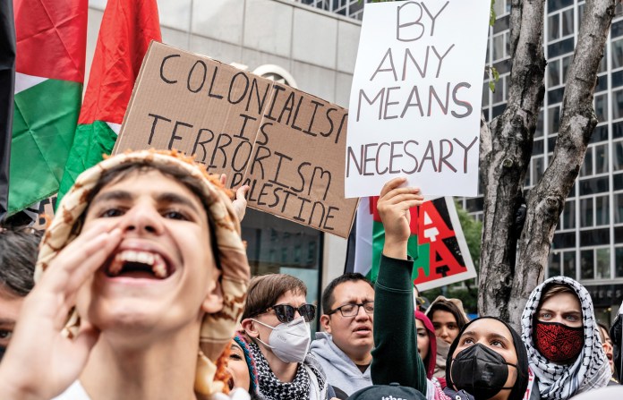 Extremist sentiments on New York’s 42nd Street, Oct. 9, 2023. (Lev Radin/Pacific Press/LightRocket/Getty)