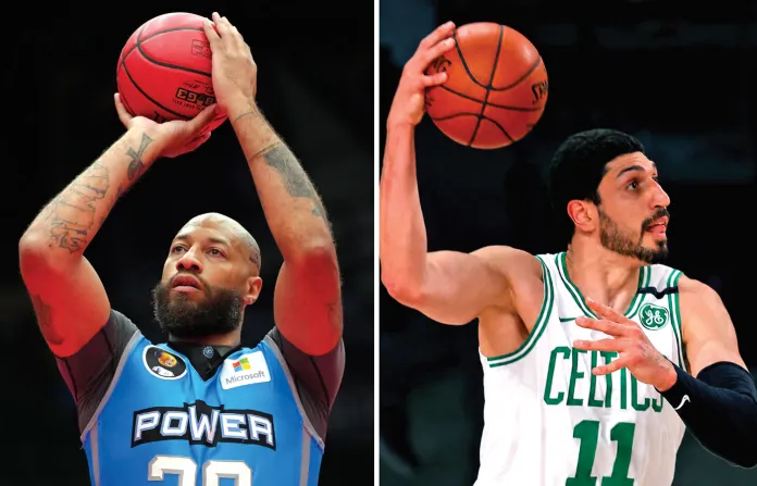 Left, Royce White of the Dallas Power on July 24, 2022, in Frisco, Texas; right, Enes Kanter Freedom of the Boston Celtics, Aug. 11, 2020. (Cooper Neill/Getty Images for BIG3; Mike Ehrmann/Getty Images)
