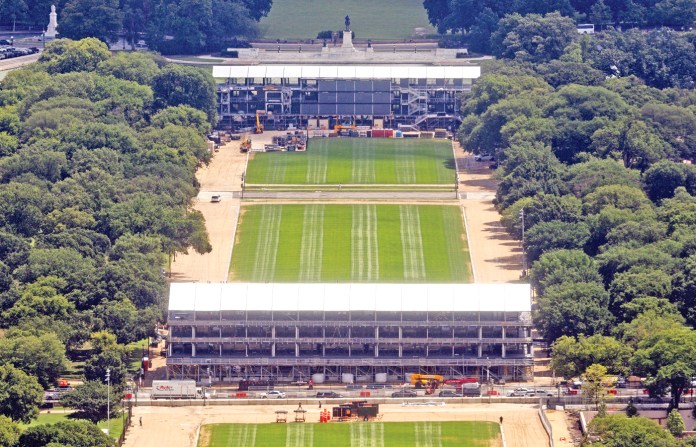 Two massive grandstands underway on the National Mall, as seen from the Washington Monument, Aug. 5, 2026. 
(Tierney L. Cross/AP)