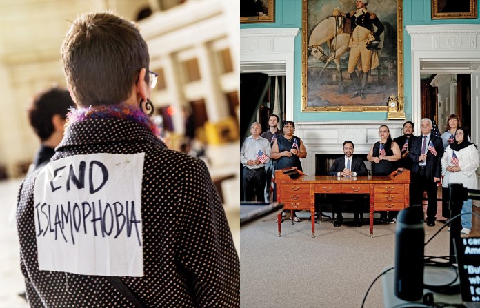 Left: A protester at Union Station in Washington, D.C., March 16, 2017. Right: New York Mayor Zohran Mamdani speaks from George Washington’s desk in Manhattan, July 3, 2026. (Lorie Shaull; Anna Connors / New York Times / AP)