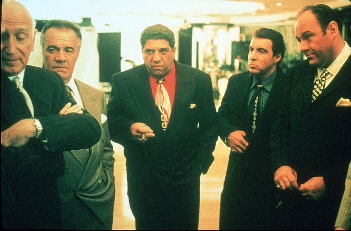(L-R) Actors Dominic Chianese, Tony Sirico, Vincent Pastore, Steve Van Zandt & James Gandolfini in scene from HBO TV drama series The Sopranos. (Photo by Anthony Neste/Getty Images)