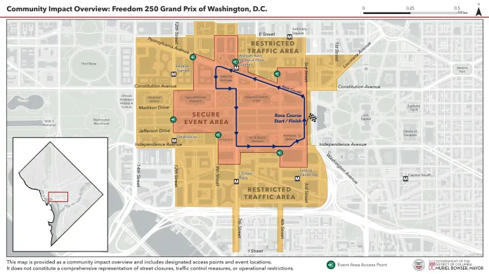 Map of road closures for Freedom 250 Gand Prix. Credit: MDP. 