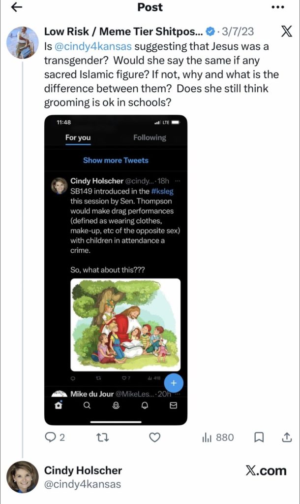 Screenshot of X. A user responded by asking whether Kansas Democratic gubernatorial nominee Cindy Holscher was “suggesting that Jesus was a transgender?” Holscher subsequently posted her response, saying she did not know whether Jesus was “trans, gay, straight, etc.”