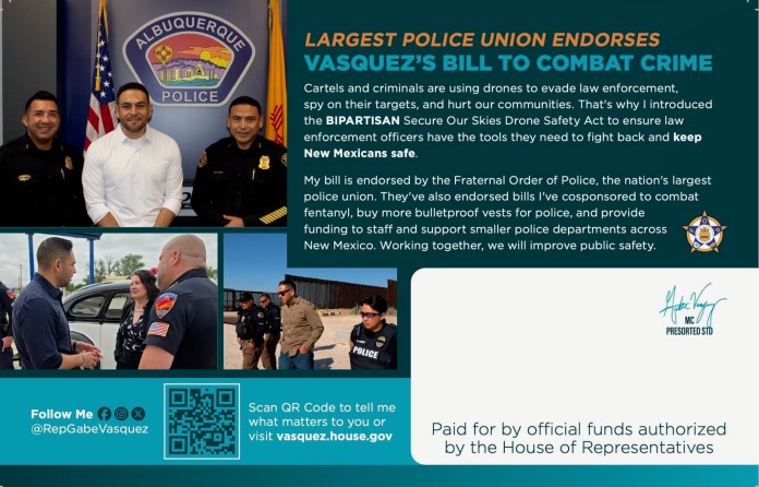Mailer from Rep. Gabe Vasquez (D-NM) using the FOP's logo and endorsement of his bill