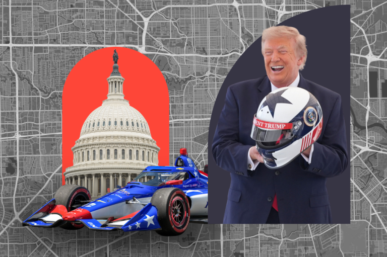Grpahic with a black and white map lines background, the top of the Capitol in a red slope shape, a 250 Indycar, and President Trump holding a commemorative helmet with a navy blue background. (Graphic by Christine Valora/Washington Examiner; photos by AP)