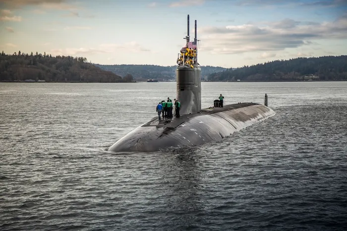 The Seawolf-class fast-attack submarine USS Connecticut (SSN 22) departs Puget Sound Naval Shipyard in Bremerton, Washington.