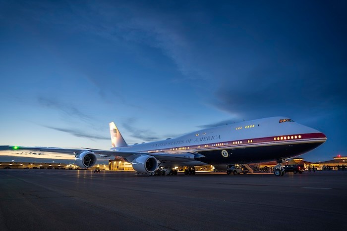 The U.S. Air Force VC-25B Bridge aircraft, Air Force One, assigned to the 89th Airlift Wing, sits on the flightline at Ellsworth Air Force Base, South Dakota, July 3, 2026.